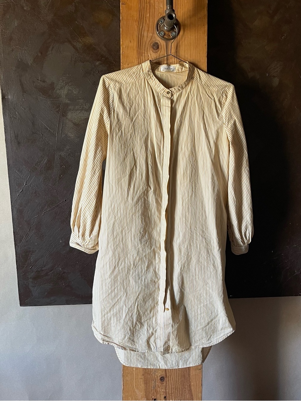 Calvin Klein Cream and Beige Striped Long-Sleeve Shirt Dress